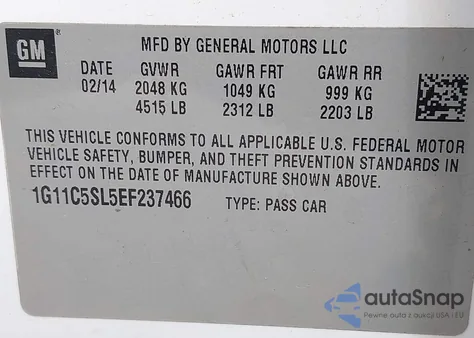 2014 Chevrolet Malibu 1Lt from USA, damaged, VIN 1G11C5SL5EF237466